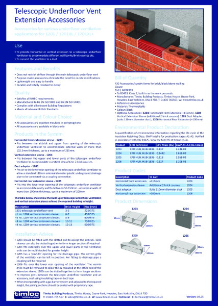 Telescopic Underfloor Ventilator Accessories Datasheet