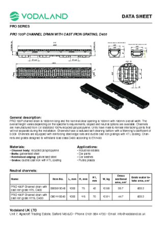 PRO 100P Channel drain data sheet