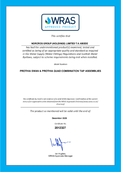 WRAS Certificate - Pronteau Prothia 3 IN 1 Hot Water Tap