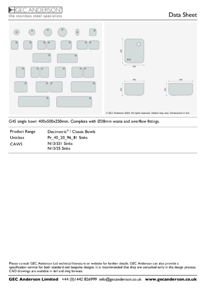GEC Anderson Data Sheet - G45 Single Bowl