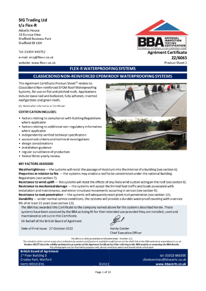 ClassicBond EPDM BBA Certificate 22/6065