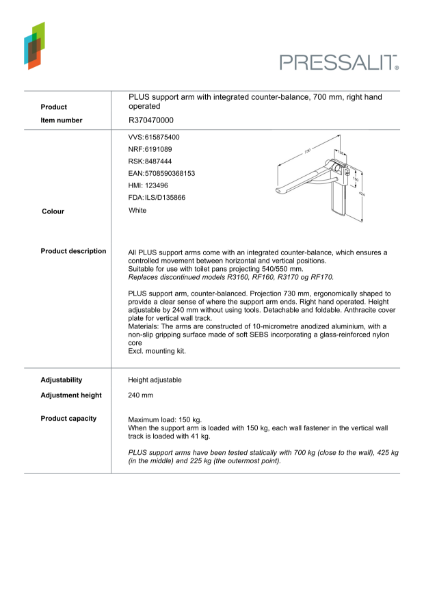 PLUS support arm with integrated counter-balance, 700 mm, right hand operated Datasheet
