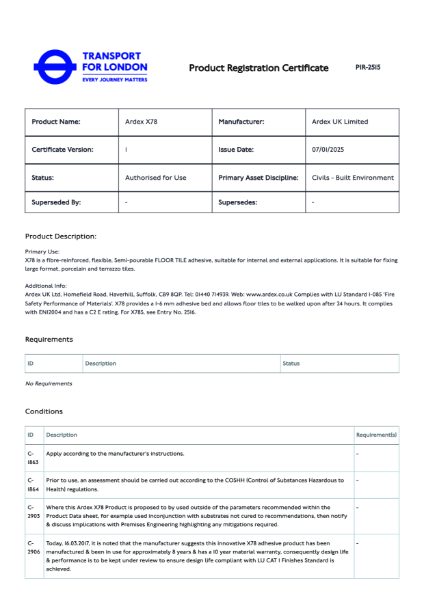 Transport For London Product Registration Certificate ARDEX X 78