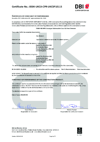 Certificate of constancy of performance