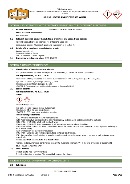 Safety-data-sheet-of-55-39A-EXTRA-LIGHT-FAST-SET-WHITE