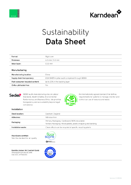 Sustainability Data Sheet - Van Gogh Rigid Core