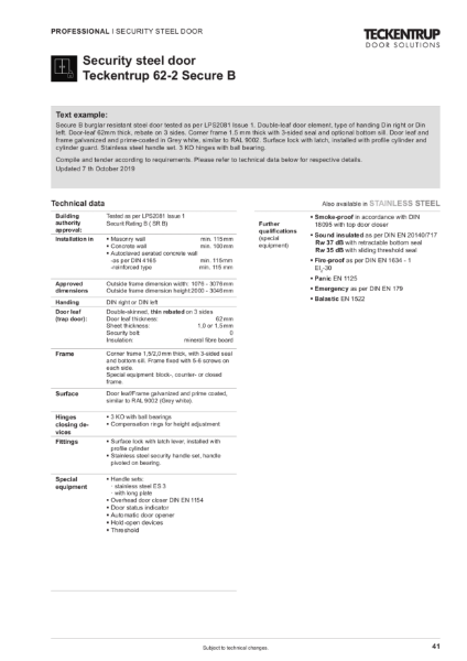 Security Steel Door LPS 2081 Issue 1 B (SR B) 62-2 Secure B (Technical Data)