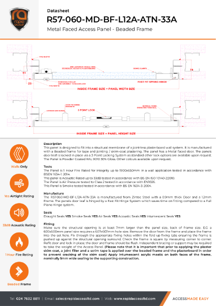 Datasheet - Riser Door One Hour Fire Rated, Airtight, Acoustic, Beaded Frame