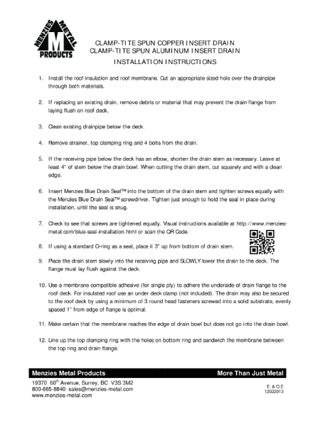 INSTALLATION INSTRUCTIONS_CLAMP-TITE CU INSERT DRAIN