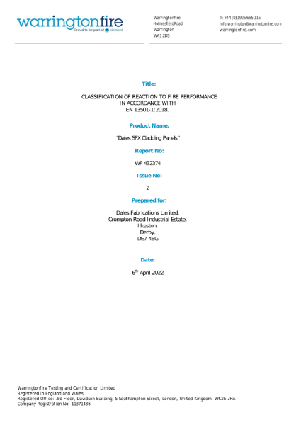 DALES SFX PPC CLADDING PANELS: EN 13501-1:2018 REACTION TO FIRE CLASSIFICATION