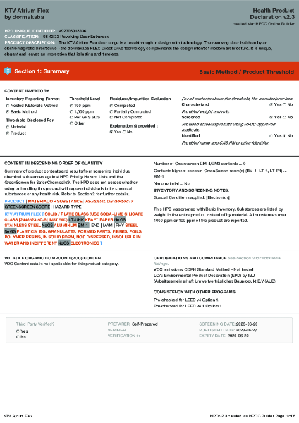 KTV Atrium Flex 3/4 Wing Health Product Declaration HPD