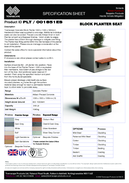 Townscape 1800x1000x1000 Concrete Planter Specification sheet PLT01851ES