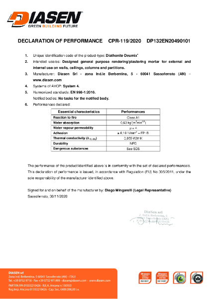 Diasen Diathonite Deumix Plus Declaration of Performance (DOP) EN 998-1 (CE)