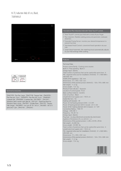 60cm induction hobs T66FHX4L0, Datasheet