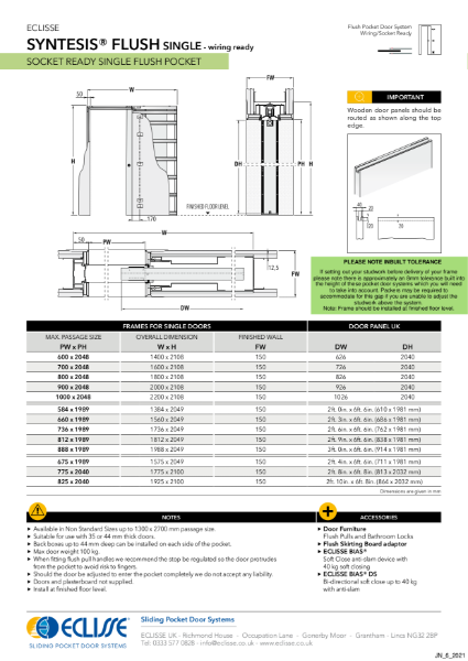 Syntesis® SINGLE Flush Pocket Door System Wiring Ready