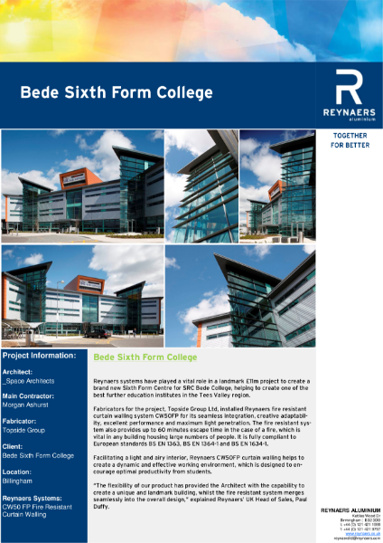 Case Study: Bede Sixth Form College, featuring CW 50-FP fire resistant curtain wall