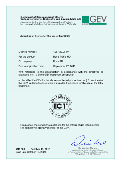 Bona Traffic HD - EC1 PLUS - Emicode, GEV license/ certificate