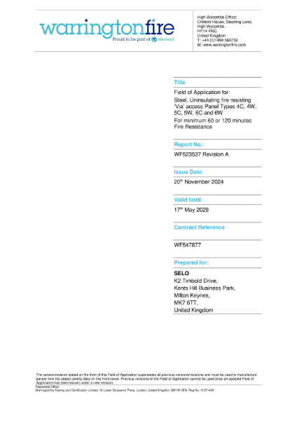 Via Uninsulated Access Panels E60/120 Field of Application Report