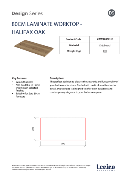 Zara 80 cm Width 22 mm Worktop - Halifax Oak