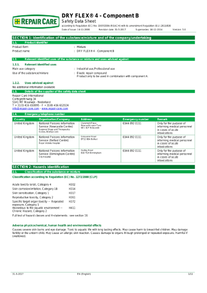 Dry Flex 4 Component B Safety Data Sheet