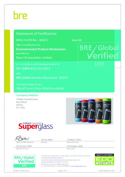 Environmental Product Declaration (EPD) - Cured Glass Wool Insulation