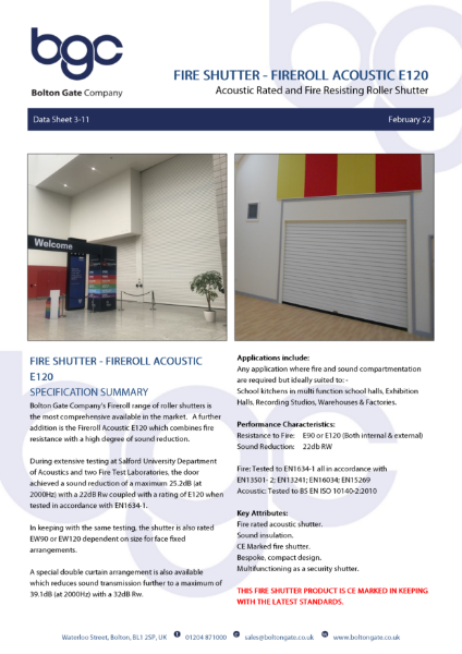 Fire Shutter - Fireroll Acoustic E120 - Acoustic Rated and Fire Resisting Roller Shutter