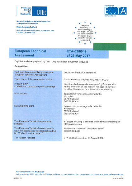 European Technical Approval document for Wilotekt-Plus system