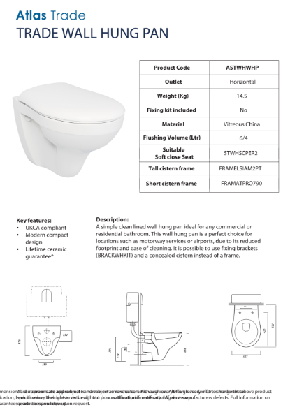 Atlas Trade Wall Hung Pan Data Sheet