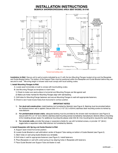 Installation Instructions - Bobrick Shower/Dressing Area Seat Model B-5193