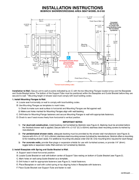 Installation Instructions Bobrick Shower Dressing Area Seat Model B 5193 Bobrick Washroom Equipment Ltd NBS Source