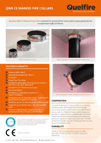 Product Data Sheet - QWR Intumescent Fire Collar for Plastic Pipes