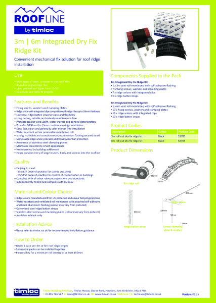 3m | 6m Integrated Dry Fix Ridge Kit Datasheet