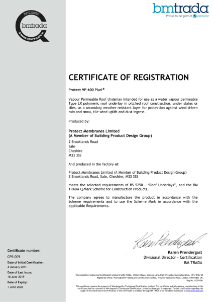 Protect VP400 Plus LR BM TRADA Certificate No CPS-005