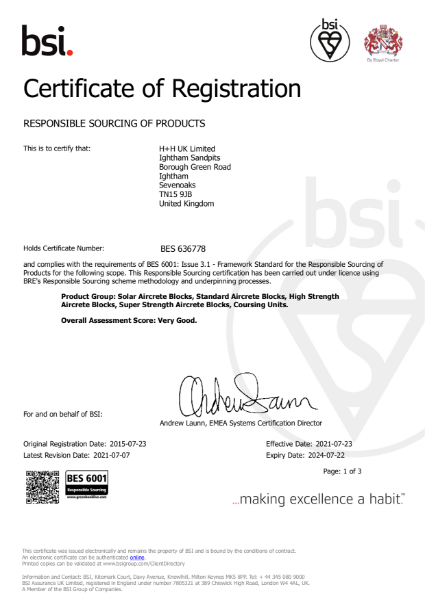 BES 6001 Responsible Sourcing of Products Cert No. BES 636778