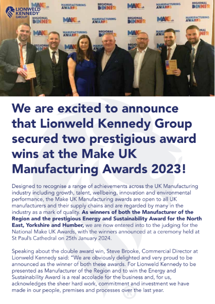 Lionweld Kennedy Secures Double Win at Make UK Manufacturing Awards