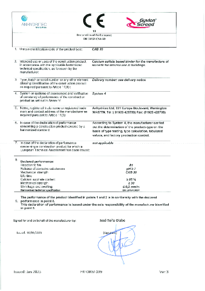 Declaration of performance EN13454 CAB 30 CE