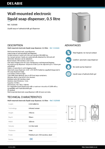 Electronic Soap Dispenser - Polished Satin, 0.5 Litre Product Data Sheet