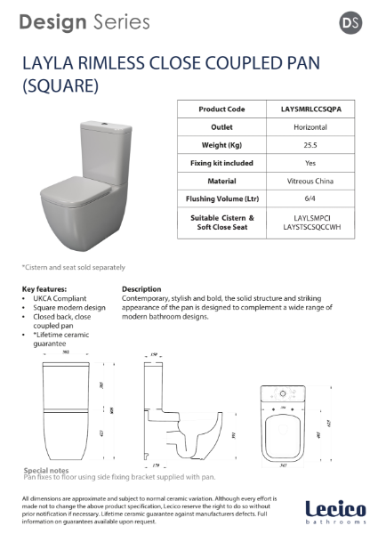 Layla Square Rimless Close Coupled WC Pan