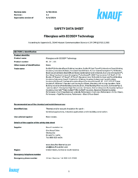 Safety Data Sheet - Performance+™ Air Duct Board - North America