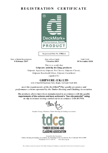 Timber Decking and Cladding Association (TDCA): DeckMark® Plus Performance Rated - Registration certificate