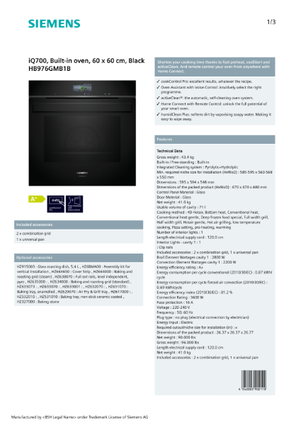 iQ700, Built-in oven, 60 x 60 cm, Black HB976GMB1B