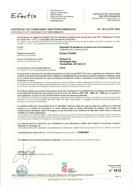 TS.9206 - BS EN 1154 - CE - Certificate of Constancy of Performance - Efectis
