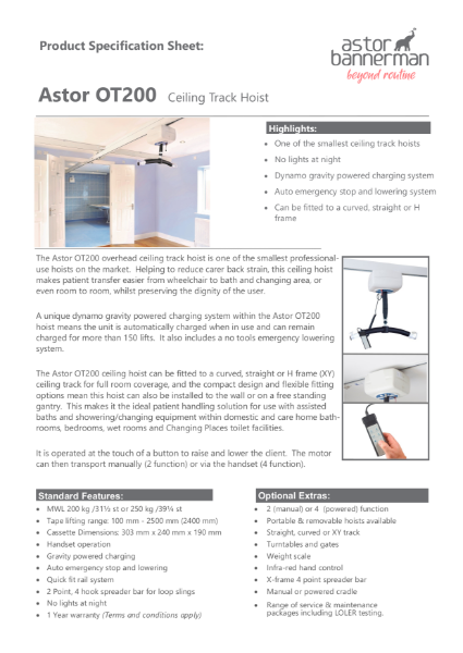 Astor OT200 Overhead Ceiling Hoist for Changing Places