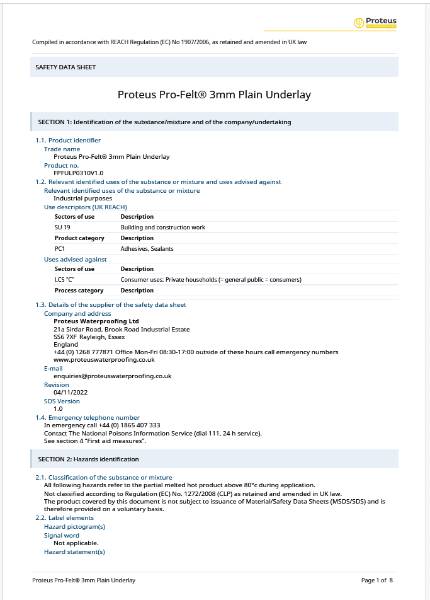 Safety Data Sheet - Proteus Pro-Felt® 3mm Plain Underlay