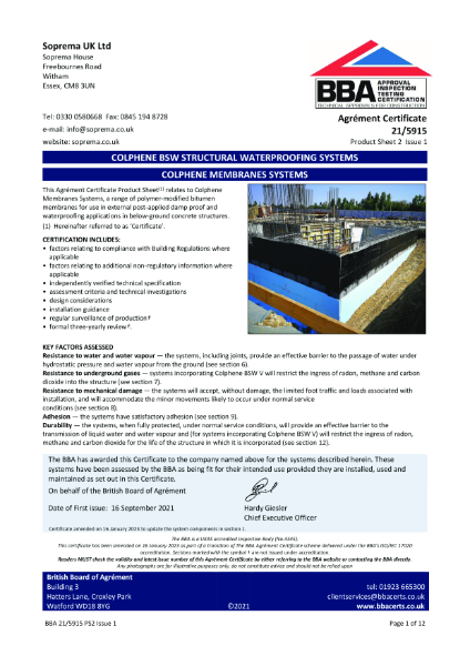 COLPHENE PRE-APPLIED MEMBRANE SYSTEMS - A range of polymer-modified bitumen membranes for use in externally pre-applied damp proof and waterproofing applications and as gas-resistant membranes, in below-ground concrete structures.