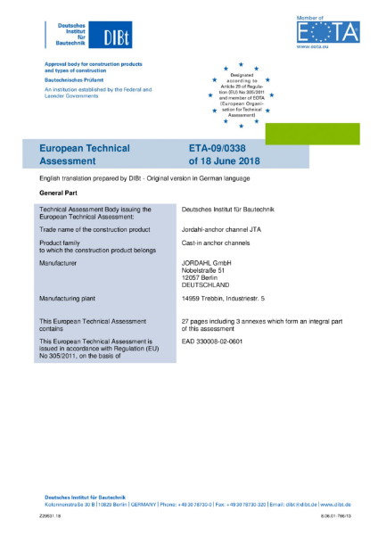 European Technical Assessment Jordahl Anchor Channel JTA - ETA-09/0338