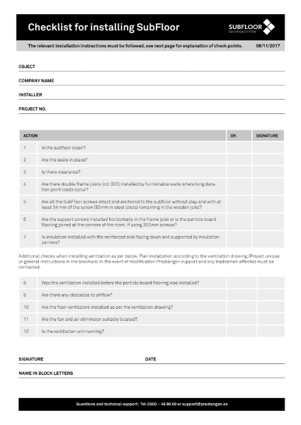 SubFloor Assembly Checklist