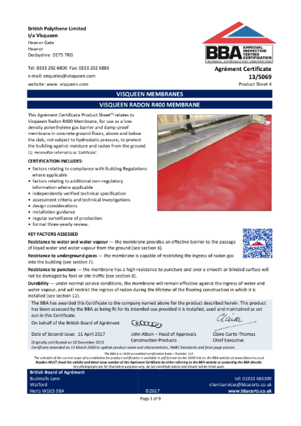 BBA Certificate Visqueen Radon R400 Membrane