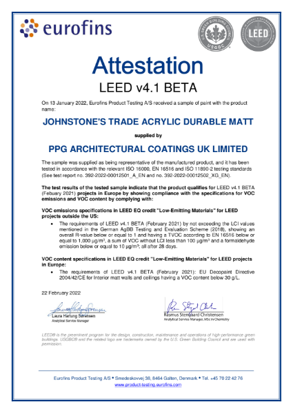 LEED V 4-1 Beta Attestation - Eurofins Product Testing - Johnstone's Acrylic Durable Matt