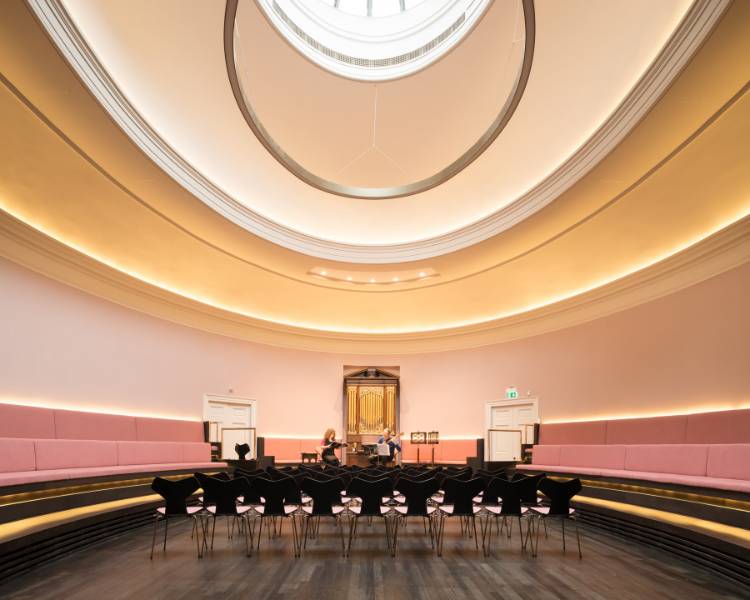 Dramatic, dark floors at St Cecilia's Hall, University of Edinburgh